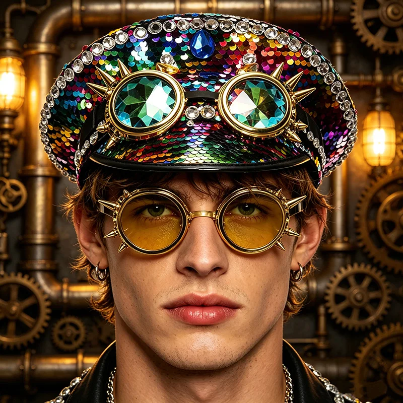 Steampunk Luxury Sequined Big Brimmed Hats Men Women Captain Cap Model Jazz Hat with Goggles Carnival Cosplay Costume