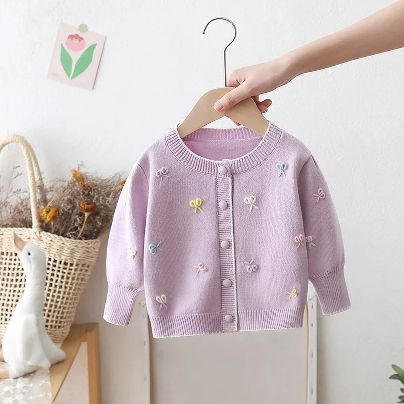 Children's Spring and Autumn Handmade Bow Sweater Jacket Girls Bubble Sleeve Princess Top Baby Knitted Cardigan Foreign Style