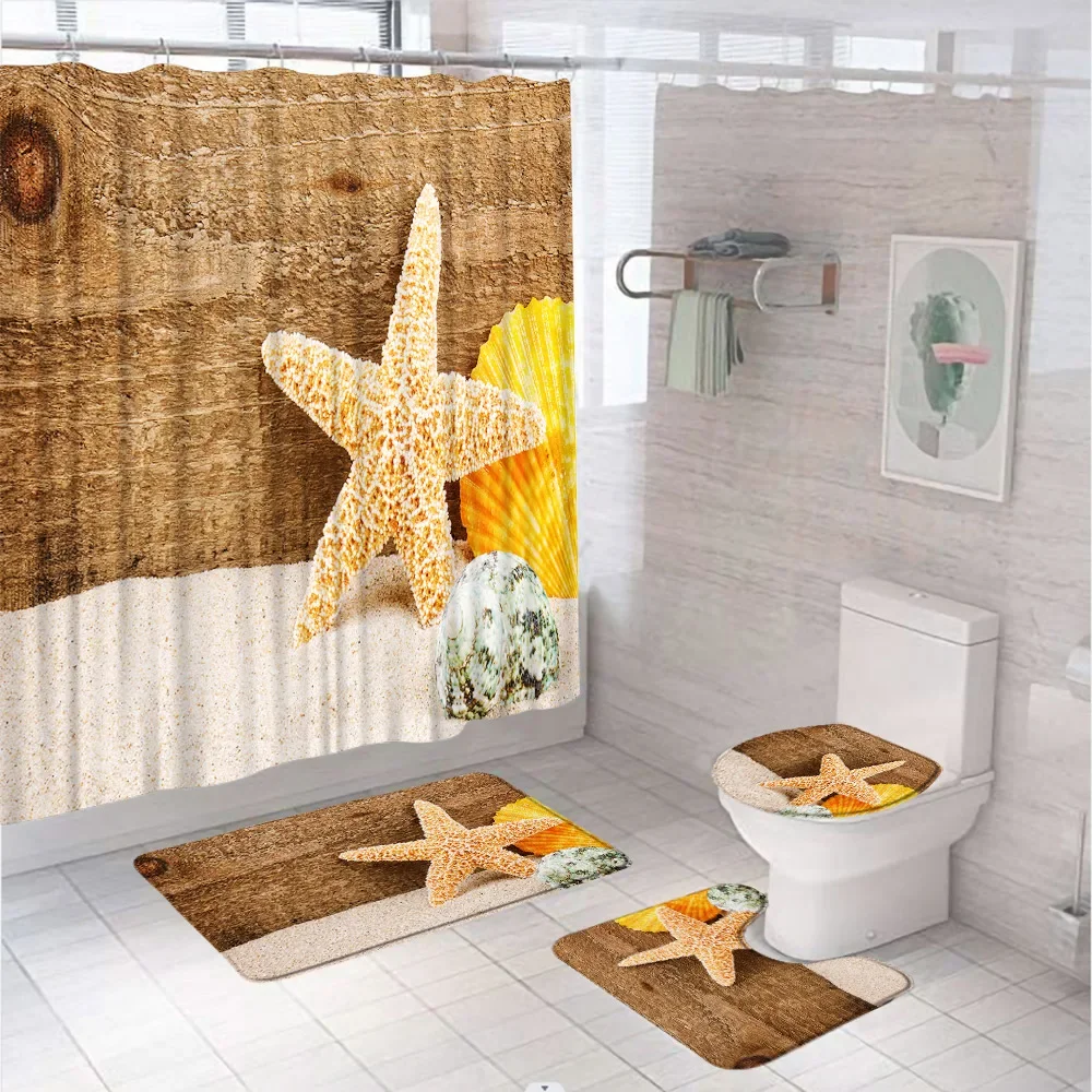 Sea Shells Starfish Conch Shower Curtain Bathroom Sets Wooden Board Beach Doormat Bath Mats Non Slip Rug Carpet Toilet Lid Cover