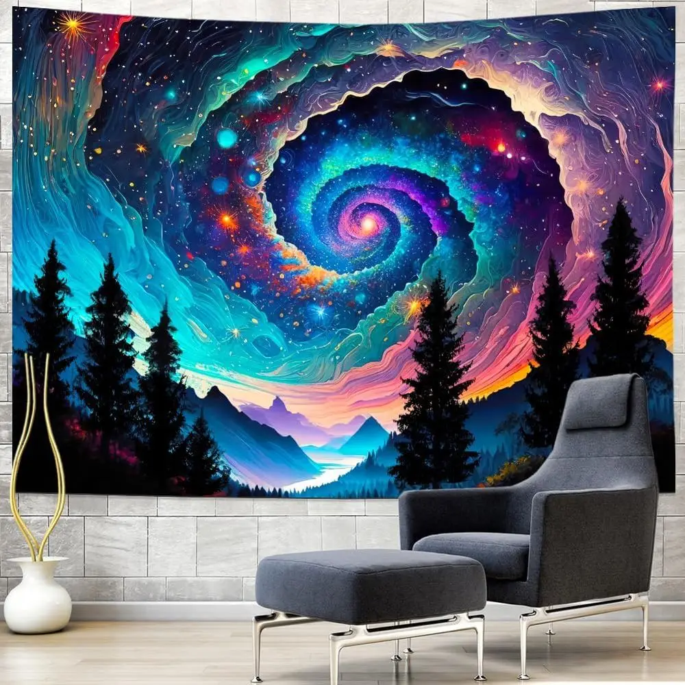 

Galaxy Tapestry - Vivid Stars & Mountains, Trippy Forest Fantasy Art for Home Wall Decor
