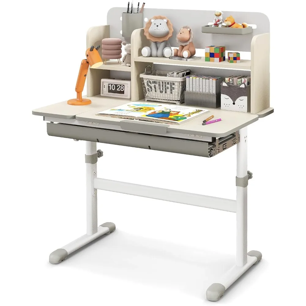 

Kids Desk, Children School Study Desk W/ 7-Level Tiltable Desktop, Height Adjustable Table W/Bookshelf, Pull-Out Drawe