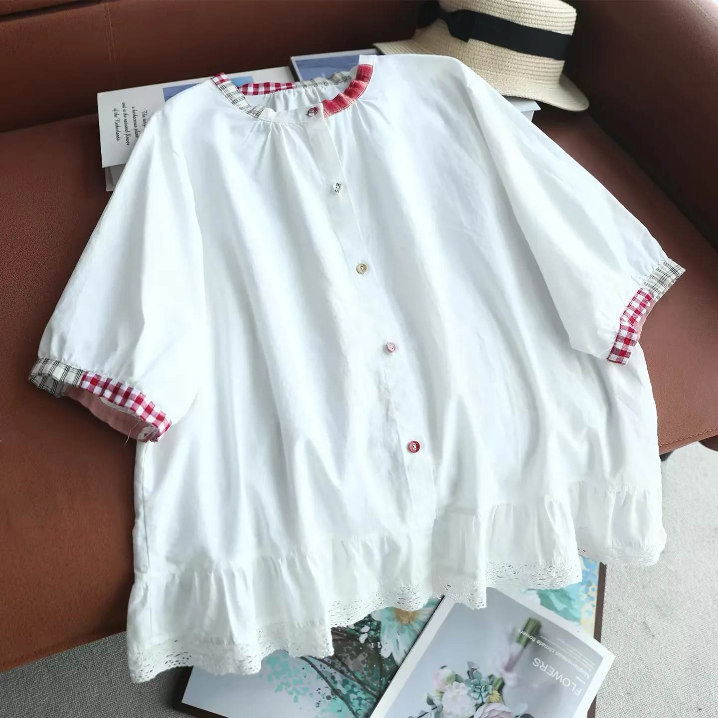 Women Cotton Blouse Japanese Style Crew Neck Short Sleeve Lace Ruffle Hem Button Front Loose Cottagecore Casual Shirts