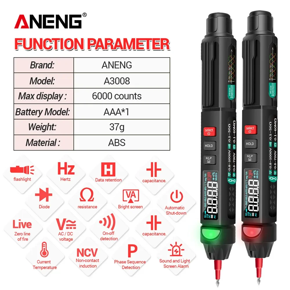 ANENG A3008 Digital Intelligent Professional Multimeter Sensor Pen Tester  6000 CountsCurrent Meter Non-Contact Voltmeter