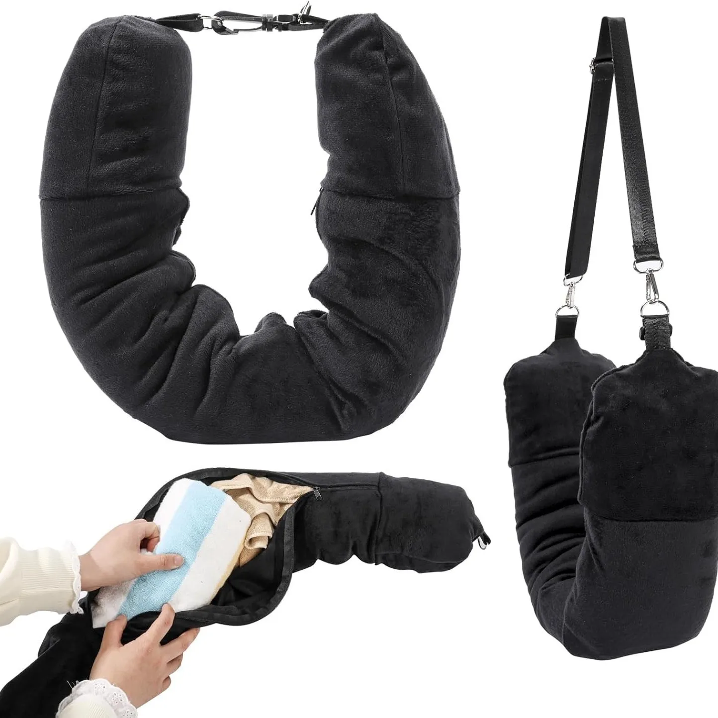 New Model Can Accommodate Extra Luggage Travel Pillow Adjustable Neck Size Velvet Travel Neck Pillow Multifunctional storage bag