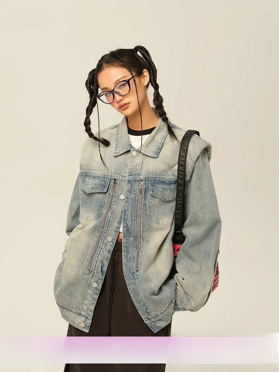 

EZEK American Retro Denim Jaet Women's Spring Autumn Slimming Jeans Jaet Street Sle Loose Fit Long Sve Collar