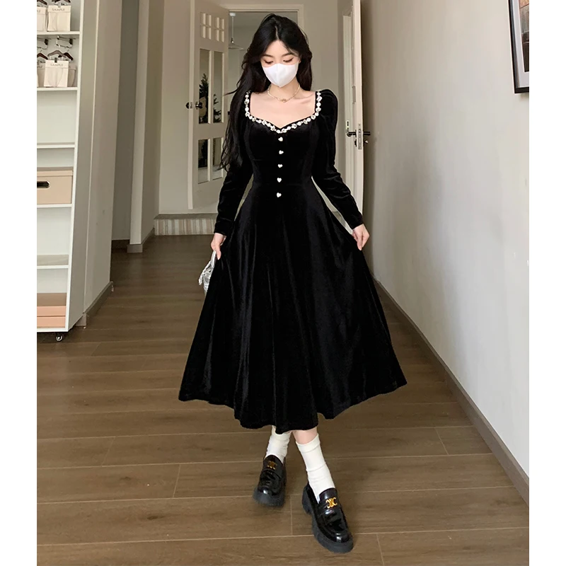 

Square Collar Dresses Women Autumn and Winter New French Retro Velvet Solid Color High Waist A-line Long-sleeved Dress Female