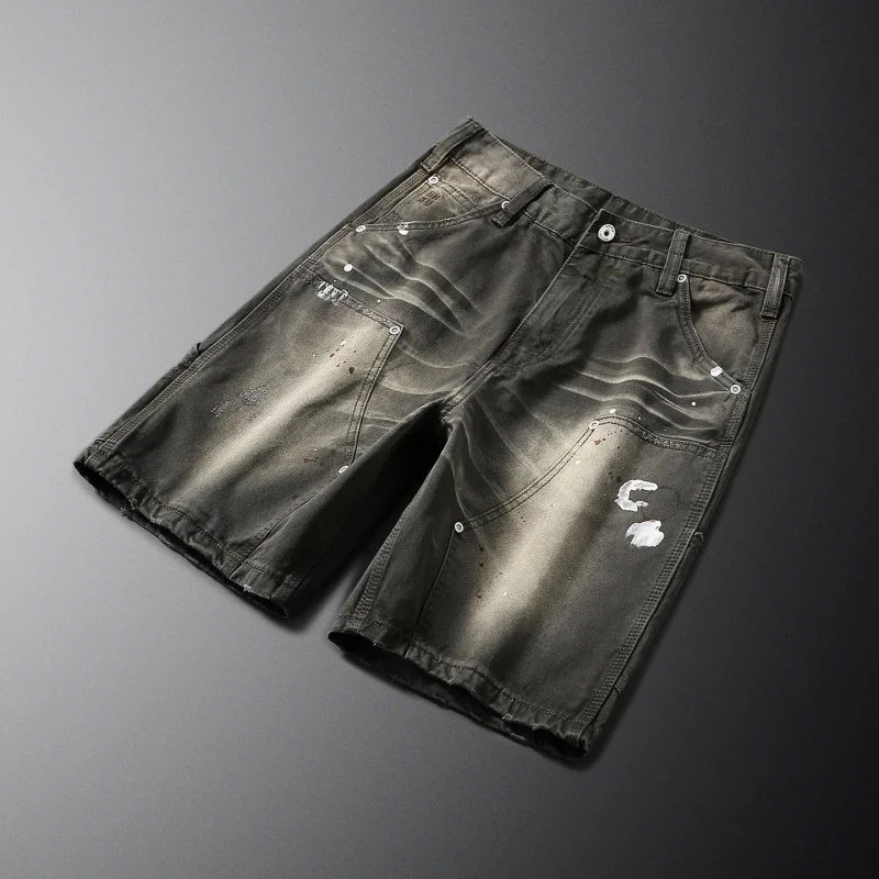 Vintage Green Patchwork Cargo Denim Shorts Men 2026 New Summer Streetwear Loose Straight 5 Inch Casual Pants
