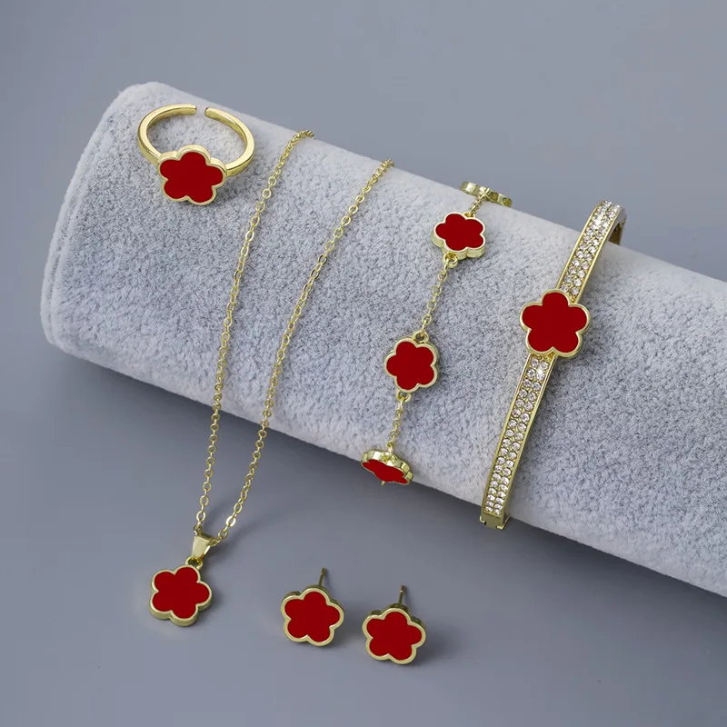 5pcs/set Luxury Quality Jewelry Sets Plum Blossom Plant Five Leaf Flower Women\'s Earrings Rings Bracelet Necklace Bangles Gift