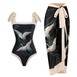 2023 Vintage Swimwear Women One Piece Swimsuit With Beach Skirt Printed Bathers Bathing Suit Beachwear Swimming Summer Bodysuit