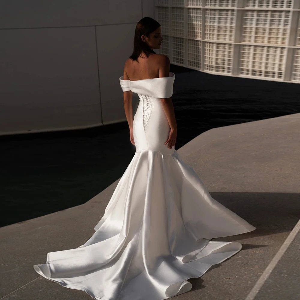 فساتين زفاف عاجية برقبة قارب 2025 قبالة الكتف زي العرائس سويب تراين حورية البحر جديد فيستدو دي نوفيا ساتان رداء دي صيفي