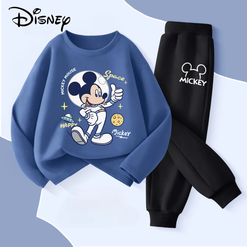 Disney Children\'s Hoodies Sets Spring and Autumn Mickey Printed Boys Sweatsuit Kids Breathable Pullover and Pant Two Piece Set
