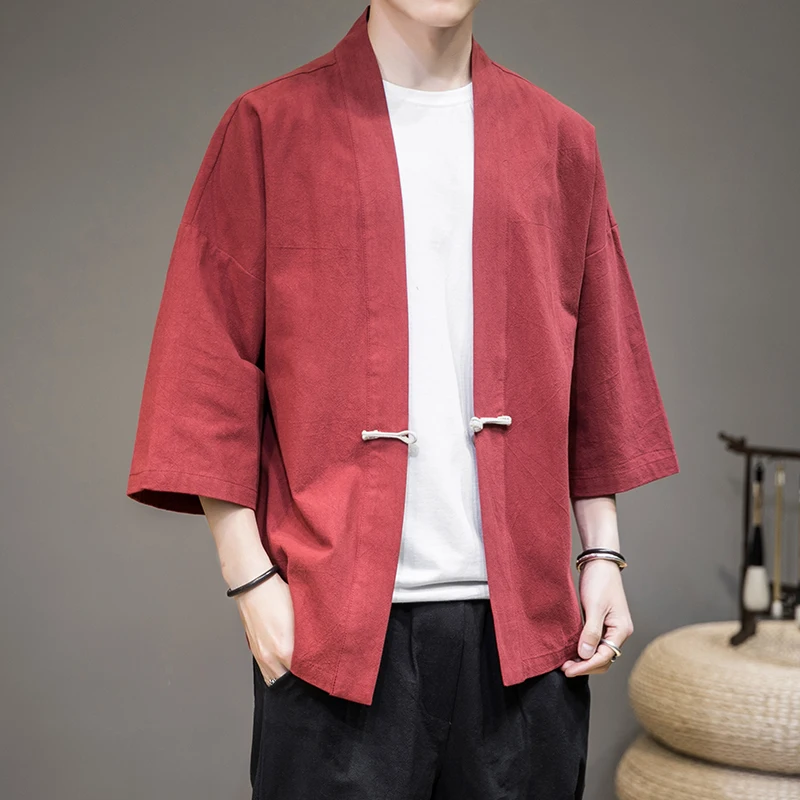 Fashion Costume Disc Buckle Hanfu Men Chinese Style 100% Cotton Robe Cardigan Jacket Oversized Kimono 5xl Ancient Coat Male