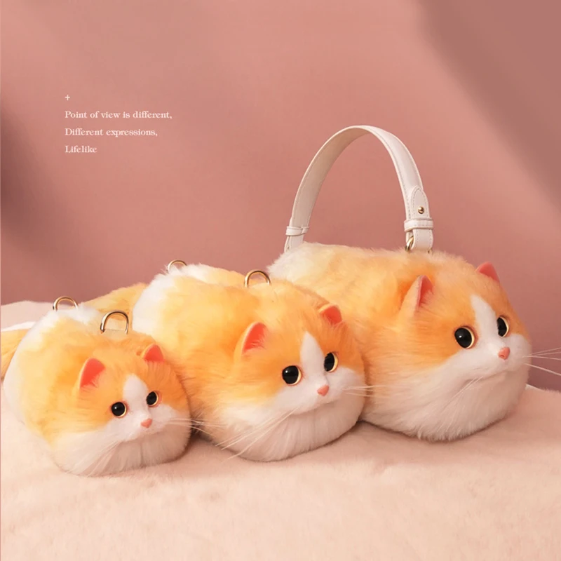 Plush Fashion Cute Cat Bag Plush Stuffed Animal Crossbody Bags Women Fashion Winter Soft Purse Cartoon Handbags Super Emulation