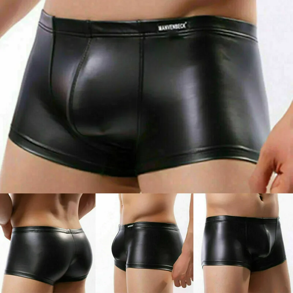 Sexy Mens Leather Shorts Underwear Night Clubwear Pouchshort Latex Seamless Panties Tight Underpant Lingerie Hombre