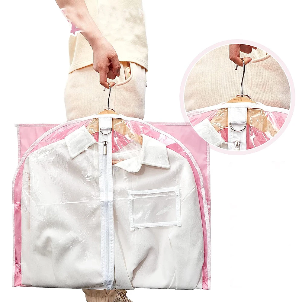 Pink Dance Dress Garment Bags for Dancers Clear Kids Hanging Dance Clothing Bag with Four Clear Pockets for Dance Competition