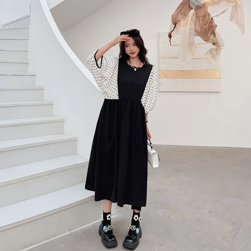 NYFS 2024 New Summer Korea Woman Dress Vestidos Robe Elbise Loose Plus Size Polyester Patchwork Short Sleeve Long Dress