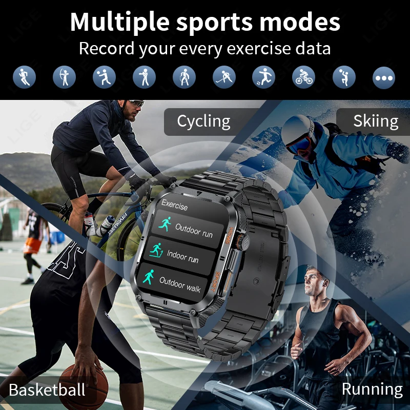 LIGE Rugged Military Smart Watch Men Bluetooth Call Health Monitor AI Voice Outdoor Sport Watch Waterproof Smartwatch For Xiaomi