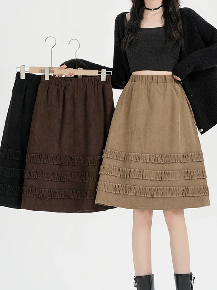 

Юбка миди А-силуэта с кружевной отделкой и высокой талией для женщин, универсальная повседневная модель, новая коллекция Зима 2025, эффект похудения