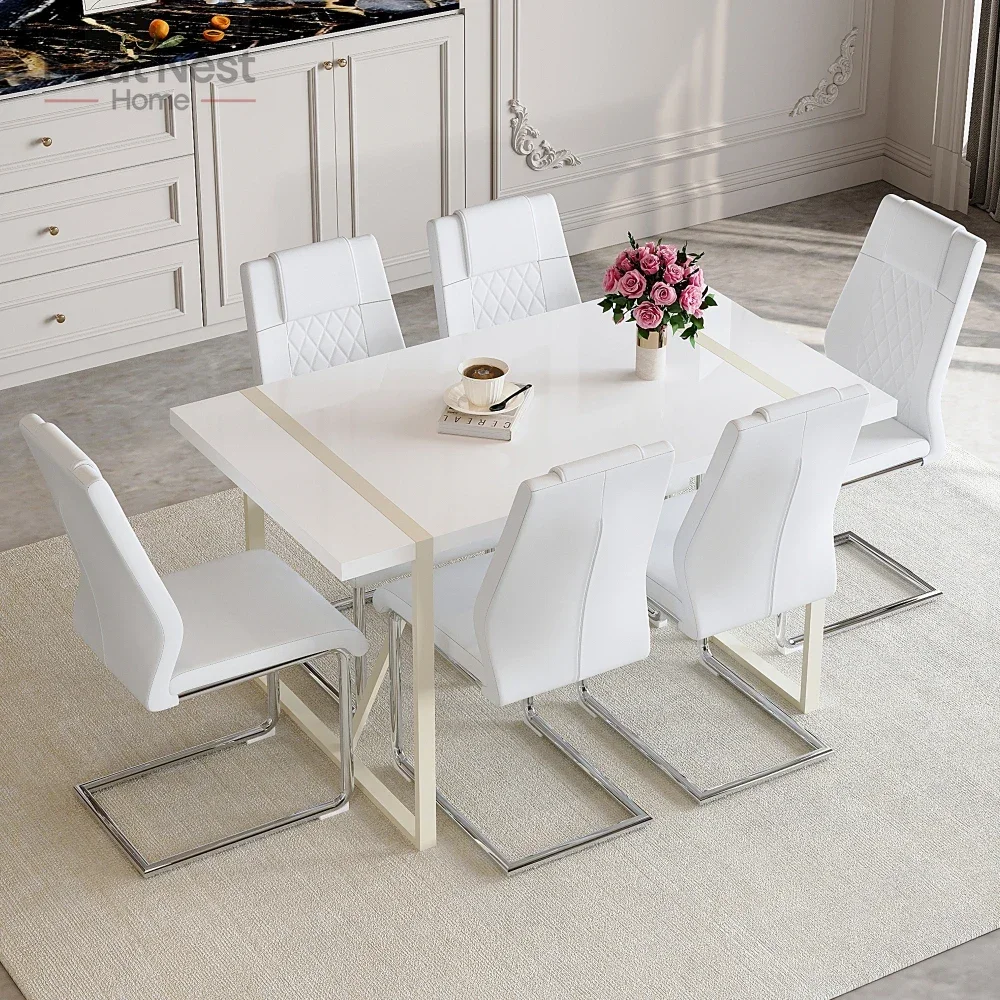 

dining table set 6 chairs, Cream-Style White MDF Dining Table Set with 6 White Chairs With Silver Metal Legs, living room tables