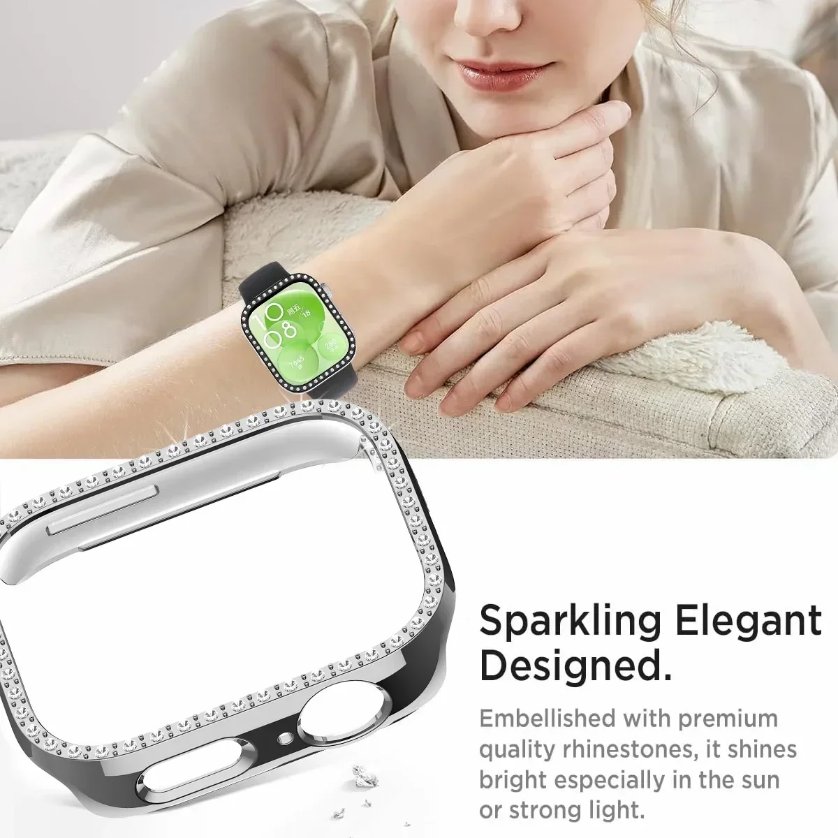 Custodia per PC Bling per Huawei Watch Fit 3 Fascia protettiva per cinturino per orologio con copertura protettiva per PC in cristallo di diamante a doppia fila