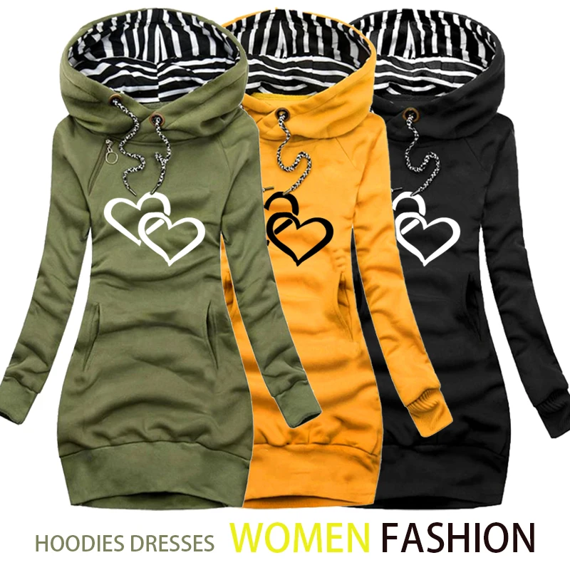 

New Fashion Women’s Casual Dress Autumn and Winter Long Sleeve Hoodie Dress Printed Drawstring Jumper Pockets Slim Fitness Dress