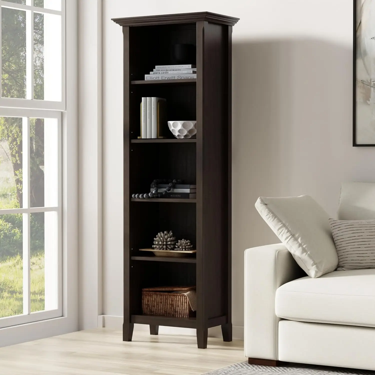 Solid Wood Five Tier Bookcase Storage Organizer Display Shelf With Adjustable Shelves And Tapered Legs For Living Room Study Home Office, Transitional Wooden Furniture, Hickory Brown