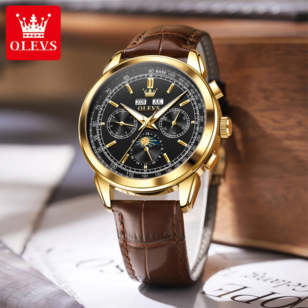 OLEVS 7117 Classic Men Mechanical Movement Watch 24h Moon Phase Day Window HD Luminous 30m Waterproof Leather Strap Watch Men