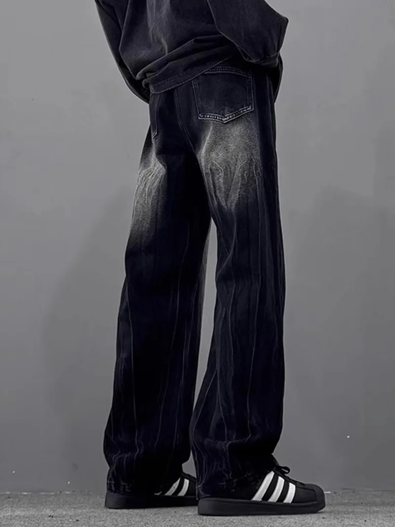 

Американские ретро-джинсы с эффектом потертости, мужские, свободного прямого кроя, повседневные, синие, из денима, для весны и осени