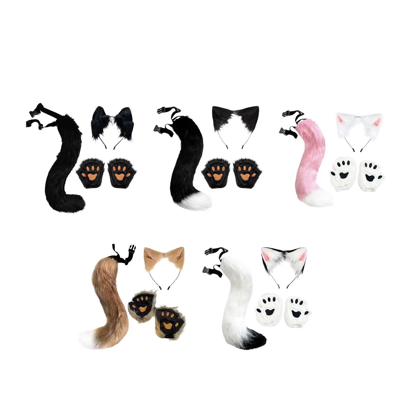 Fancy Dress Animal Ears Headband Tail Set Cat Fox Cosplay Accessories for Halloween Party Photo Prop Show