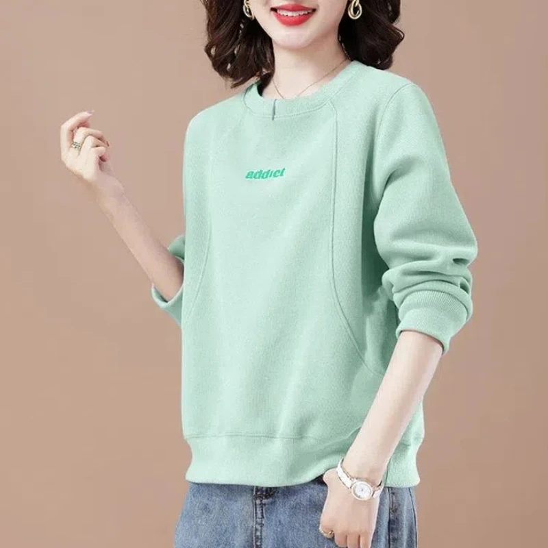 Spring and Autumn Women\'s Solid Color O-Neck Long Sleeve Spliced Embroidery Letter Loose Pullovers Classic Fashion Casual Tops