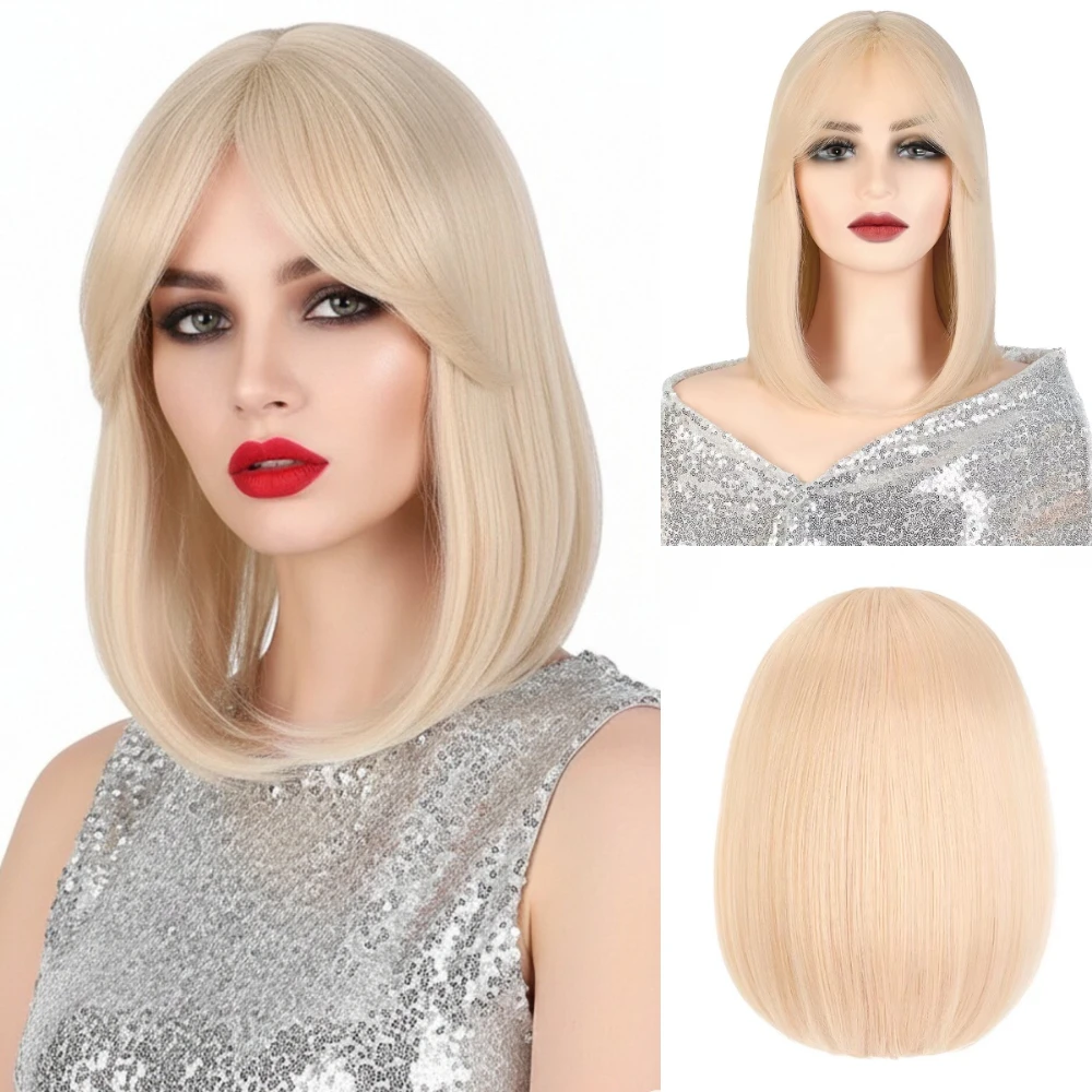 

MSIWIGS Women Straight Short Bob Blonde Synthetic Wigs With Bangs Cosplay Wig Female For Daily Wear
