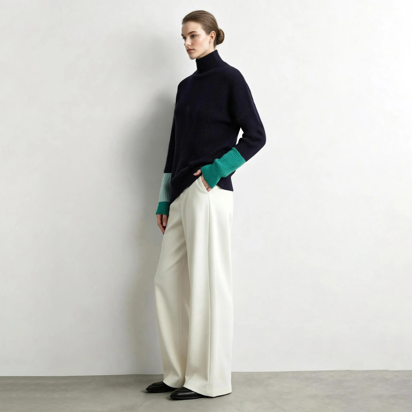 Amii Turtleneck Sweater Color Block Drop Shoulder Loose Fit Knit Tops Minimalist Commuter 2026 Winter Women's Clothing 12654040