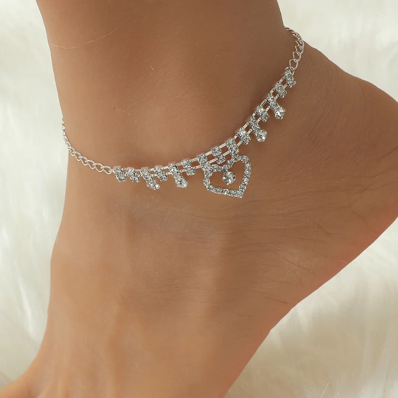 Fashion Silver Color Rhinestone Double Heart Anklet for Women Moon Ankle Bracelet Chain Summer Beach Foot Ornaments Ins Jewelry