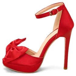 Fashion Summer Shoes For Women Sandals High Heels Platform Ankle Straps Silk Bow Red Party Wedding Shoes Female Sweet Bow-tied
