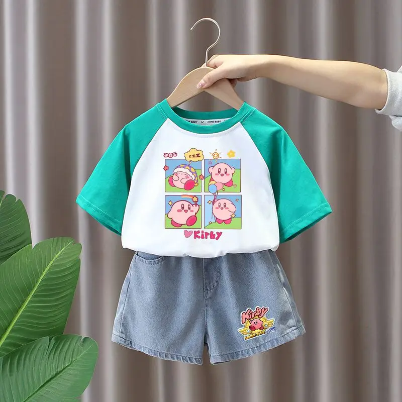 Kirby for Girls Summer Cotton Suit Foreign Style Thin Middle Children's Denim Shorts Short Sleeves Comfortable Two-piece Set