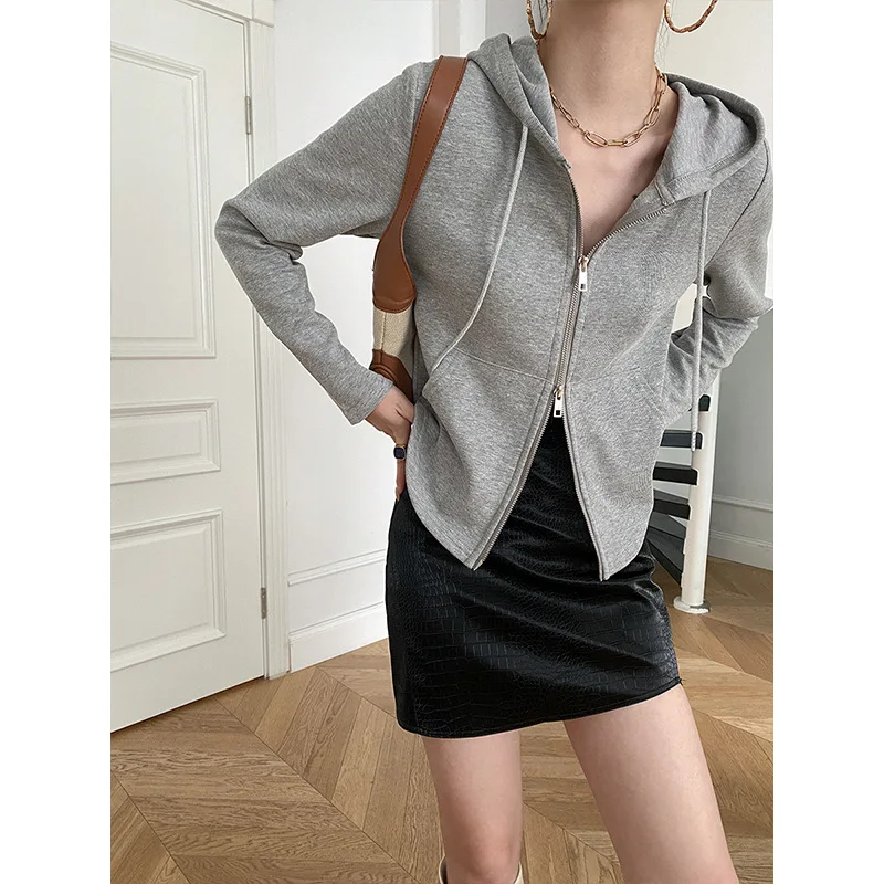 2025 New Women's Slimming Double Zipper Hooded Sweatshirt Slim Fit Jacket 2025 Autumn and Winter Solid Color Versatile Jacket
