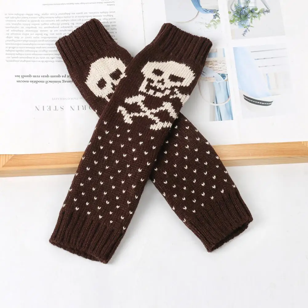 Heart-warming Gift Gloves Skull Print Fingerless Gloves Arm Sleeves Set for Fall Winter High Elasticity Non-slip Windproof