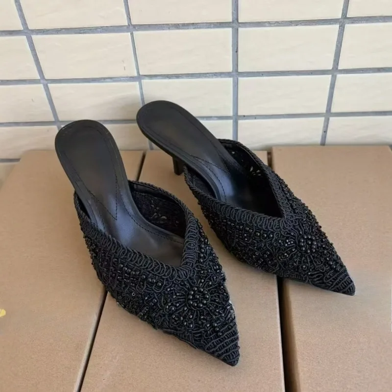 

Элегантные женские туфли на высоком каблуке, летние босоножки с плетеными ремешками и бусинами, ажурный дизайн, для вечеринок и свадеб, мюли с острым носком, женская обувь