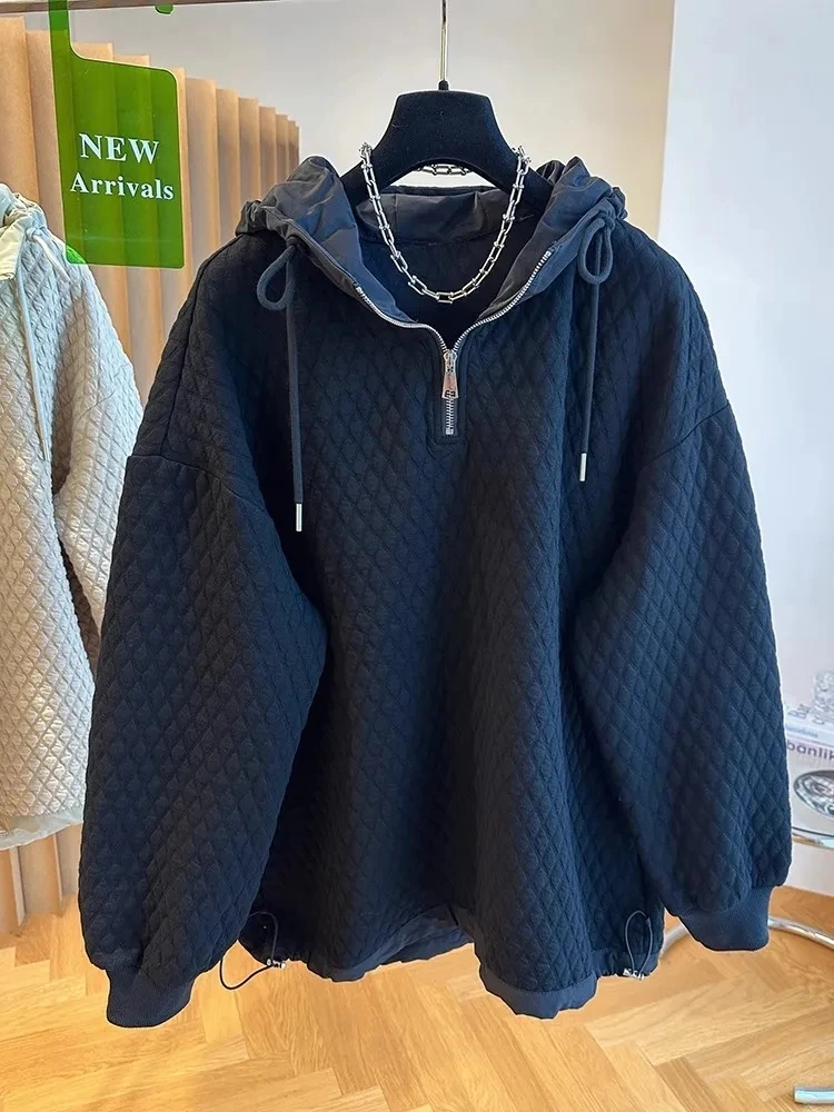 

Loose Casual Patchwork Hoodie Women's Autumn Winter Top Men's Street Style Half Zip Waffle Pattern Sweatshirt Design Sensation