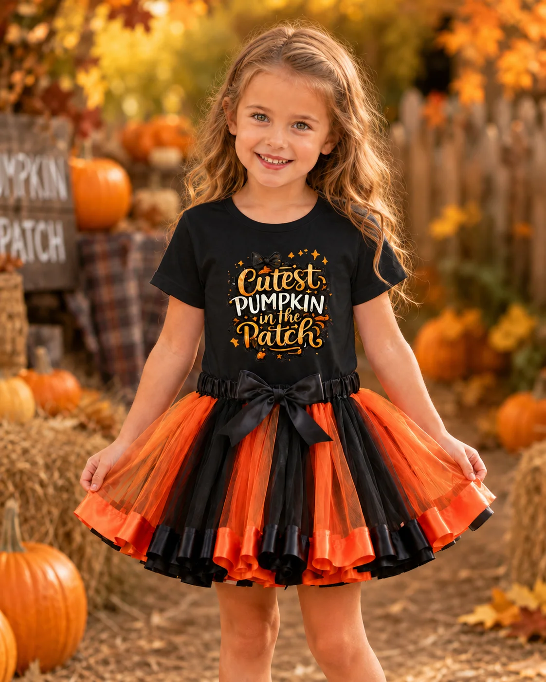Niedlichstes Kürbis-Outfit für Kleinkinder, Mädchen, 2-teilig, kurzärmliges bedrucktes T-Shirt, orange-schwarzer Tutu-Rock-Set, Kinder-Halloween-Outfit – Detail 4