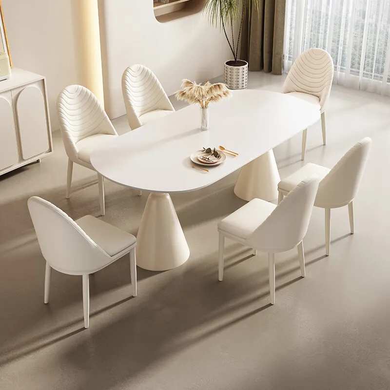 Modern Luxury Cream Wind Marble Oval White Dining Table Chair Set 4 6 Seater Restaurant Kitchen Metal Elegant Furniture Designs