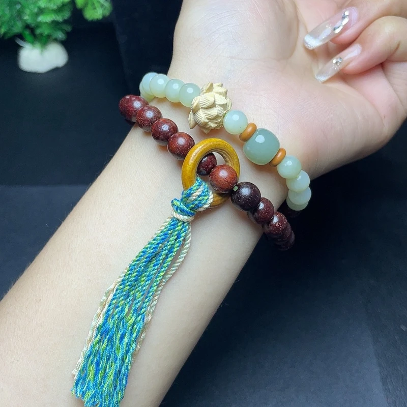 

Hetian jade lotus flower running ring tassel double circle bracelet exquisite ethnic style handheld bracelet hand jewelry