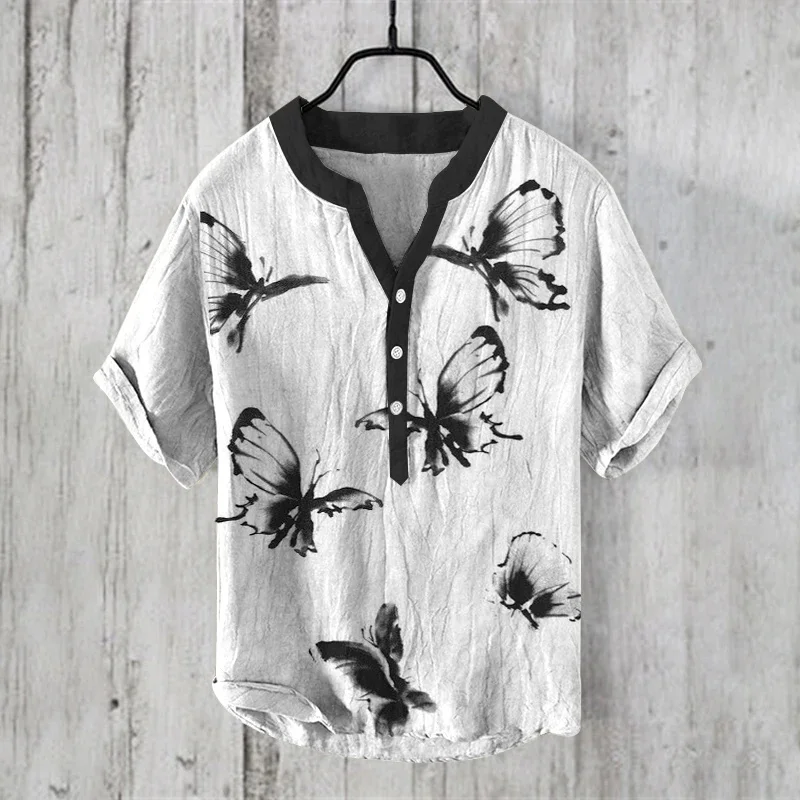 Fresh Chinese style men's shirt ocean fish series print summer large short sleeved three button shirt factory