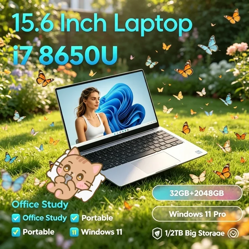 Portable Slim Ultrabook Computer 15.6'' Intel I7-8650U Win11 High Capacity Daily Travel Laptop