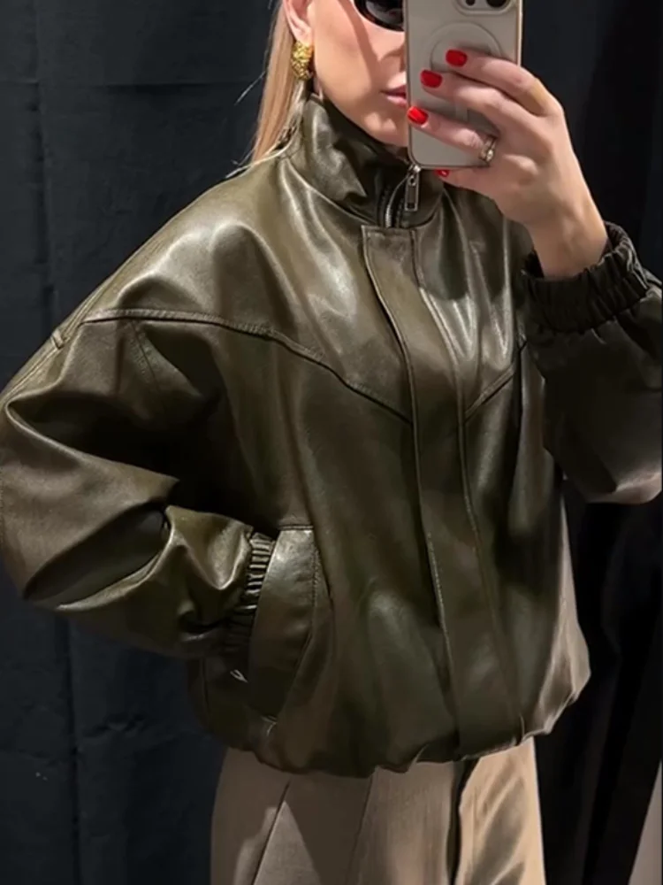 Giacca da donna in PU con colletto alla coreana Giacche casual in ecopelle con cerniera a maniche lunghe allentate 2026 Spring Street Lady Novità in capispalla