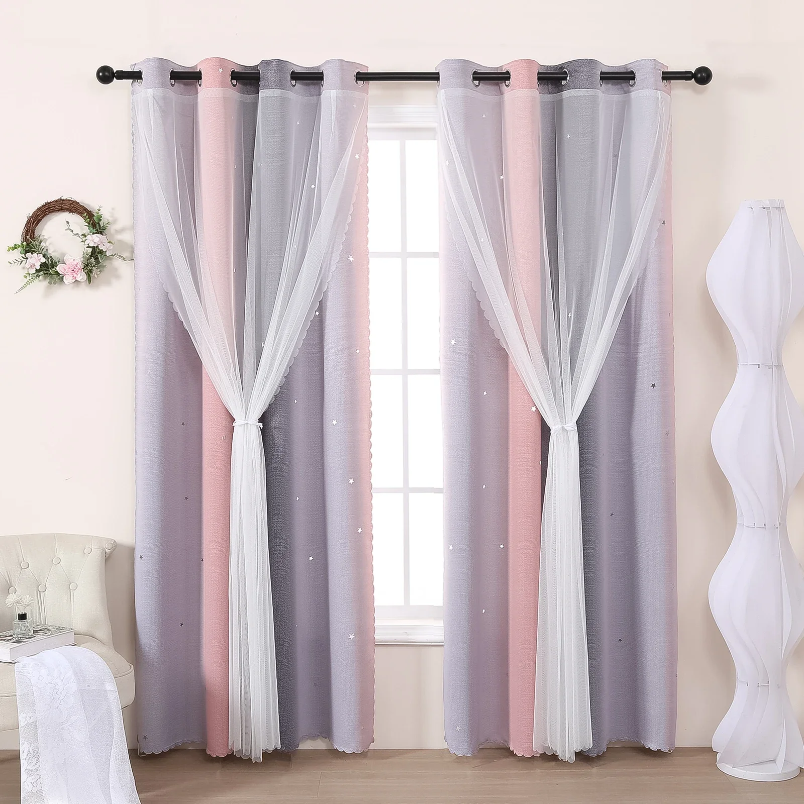 Gradient Double-Layer Perforated Curtains, Hollowed Out Stars, Children\'S Room Shading Decoration, One Piece Set