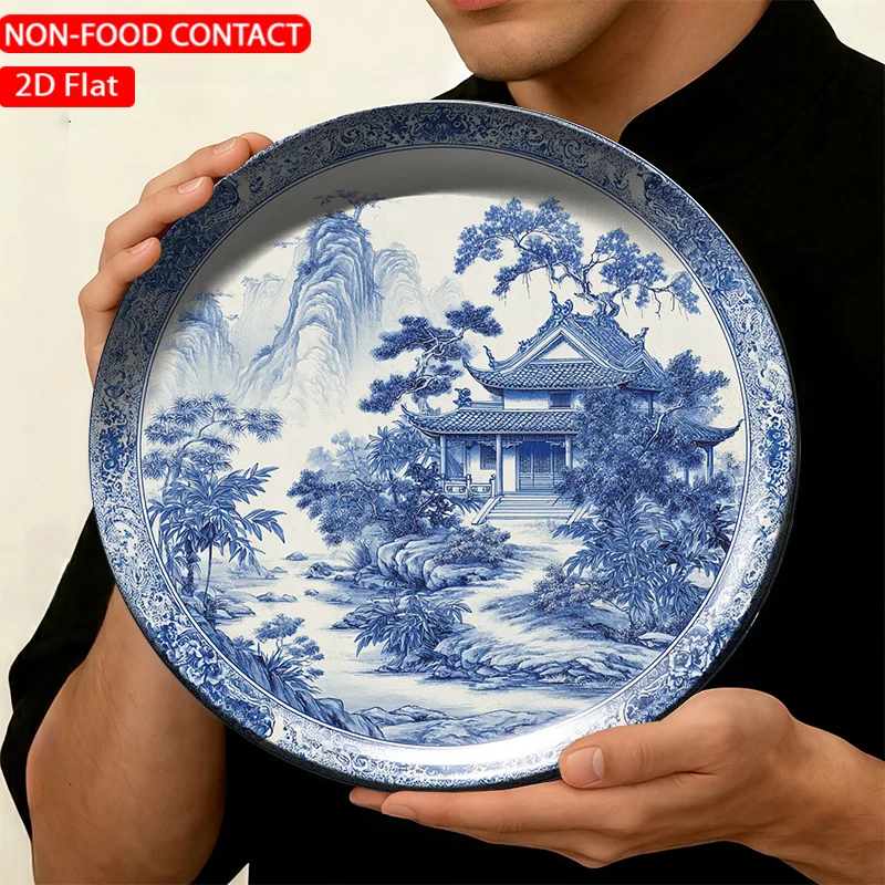 1pc FORJN Ceramic Decorative Plate - Round Blue Landscape Wall Plate Suitable for Non-Food Contact, Modern Ceramic Art Plate,