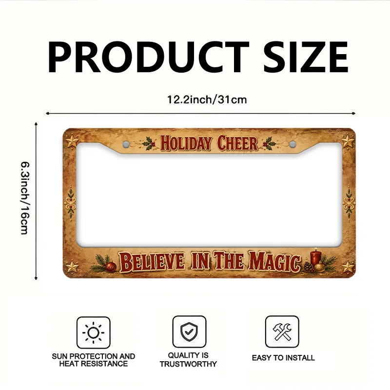 1pc Metal License Plate Frame Licence Plate Cover with Holiday Cheer And Believe in The Magic for Festive Holiday Celebrations
