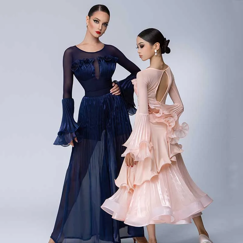 Ballroom Dance Performance Suit Women Elegant Waltz Dress Standard Stage Wear Tango Dance Tops Chiffon Practice Skirt Blue Pink