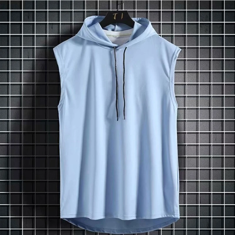 Mens Summer Sleeveless Drawstring Hooded for Tank Top Solid Color Gym Fitness Sports T-Shirt Hip Hop Loose Blouse Vest